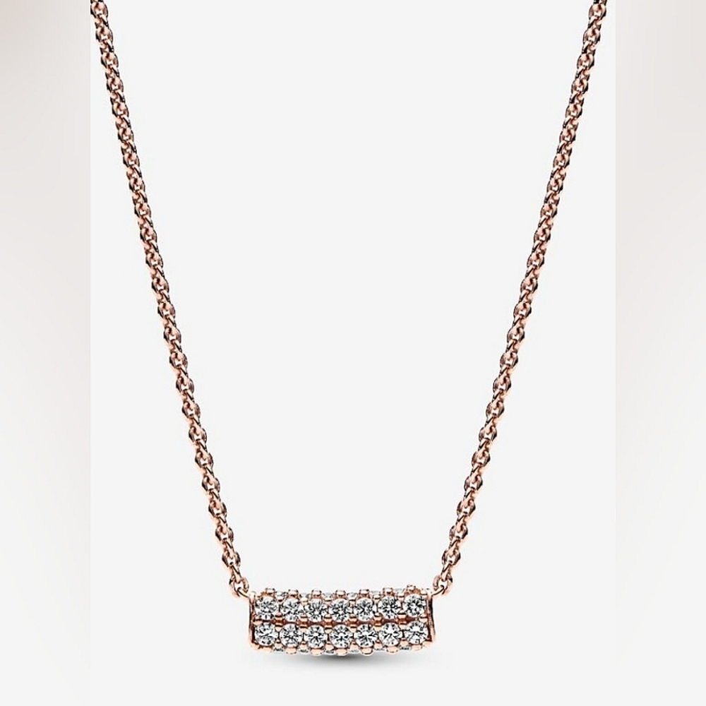 Authentic NEW Pandora Timeless Pavé Double-row CZ Bar Collier Necklace 14kRGP